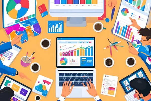 colorful image showing social media content and people working colorful image showing social media content and people working