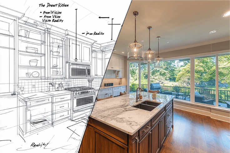 A dynamic before-and-after comparison showing a draft sketch of a kitchen idea on the left, with scattered notes and inspirations, evolving into a stunning, fully-realized 3D-rendered kitchen design on the right, that features an open-plan layout, a large window overlooking a serene garden, quartz countertops, and premium appliances. A dynamic before-and-after comparison showing a draft sketch of a kitchen idea on the left, with scattered notes and inspirations, evolving into a stunning, fully-realized 3D-rendered kitchen design on the right, that features an open-plan layout, a large window overlooking a serene garden, quartz countertops, and premium appliances.