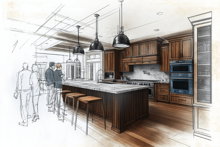 A visual narrative that transitions from a hand-drawn kitchen sketch filled with annotations, swatches, and dreamy aspirations on one side, to a photorealistic image of a completed kitchen on the other, celebrating the fulfillment of those dreams. The completed kitchen should exude sophistication with custom cabinets, innovative smart appliances, and energy-saving lighting, uniting under an overarching theme of tasteful elegance and cutting-edge technology, all while adhering to sustainable building practices. Illustrate the transformative process with imagery that includes architects' blueprints A visual narrative that transitions from a hand-drawn kitchen sketch filled with annotations, swatches, and dreamy aspirations on one side, to a photorealistic image of a completed kitchen on the other, celebrating the fulfillment of those dreams. The completed kitchen should exude sophistication with custom cabinets, innovative smart appliances, and energy-saving lighting, uniting under an overarching theme of tasteful elegance and cutting-edge technology, all while adhering to sustainable building practices. Illustrate the transformative process with imagery that includes architects' blueprints