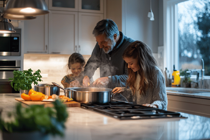 A vibrant scene capturing the first moment of a dream kitchen in action post-renovation. The image should exude warmth and joy, featuring a family or an individual enthusiastically using the brand new appliances, with the shine of stainless steel contrasting against the soft glow of under-cabinet lighting. Fresh ingredients are spread across the quartz countertops, and there's a sense of movement and culinary creativity in the air, with steaming pots on the stove and a state-of-the-art oven preheating. Green plants or herbs are thriving in the sunlit ambience, and the space is immaculately organized, signifying a fresh start and the everyday magic of a well-designed kitchen space coming to life. A vibrant scene capturing the first moment of a dream kitchen in action post-renovation. The image should exude warmth and joy, featuring a family or an individual enthusiastically using the brand new appliances, with the shine of stainless steel contrasting against the soft glow of under-cabinet lighting. Fresh ingredients are spread across the quartz countertops, and there's a sense of movement and culinary creativity in the air, with steaming pots on the stove and a state-of-the-art oven preheating. Green plants or herbs are thriving in the sunlit ambience, and the space is immaculately organized, signifying a fresh start and the everyday magic of a well-designed kitchen space coming to life.