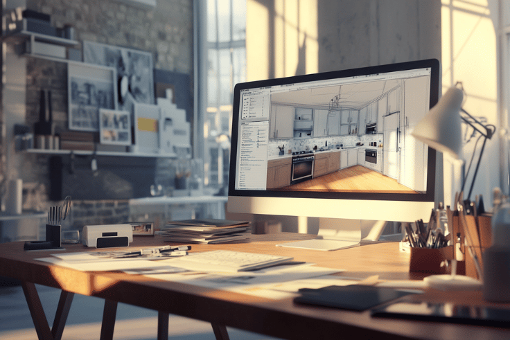 An inviting and conceptual image that symbolizes the initial steps of communication leading to the realization of a dream kitchen. Imagine an aesthetically pleasing office setting, filled with kitchen design books, color palettes, and a computer displaying an in-progress kitchen render. Intersperse visual metaphors such as a phone off the hook, an open email application with draft messages of design inquiries on the screen, and kitchen sketches that transition from rough outlines to detailed plans. Enhance the scene with a soft, warm glow to evoke a sense of anticipation and personal touch that these initial interactions bring to the journey of creating the perfect kitchen. An inviting and conceptual image that symbolizes the initial steps of communication leading to the realization of a dream kitchen. Imagine an aesthetically pleasing office setting, filled with kitchen design books, color palettes, and a computer displaying an in-progress kitchen render. Intersperse visual metaphors such as a phone off the hook, an open email application with draft messages of design inquiries on the screen, and kitchen sketches that transition from rough outlines to detailed plans. Enhance the scene with a soft, warm glow to evoke a sense of anticipation and personal touch that these initial interactions bring to the journey of creating the perfect kitchen.
