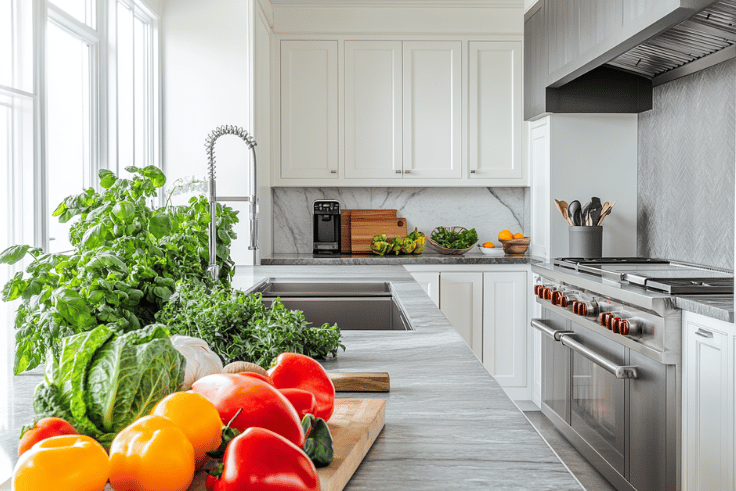 A seamless, modern kitchen that exemplifies the harmony between beauty and practicality with a monochromatic color scheme accentuated with vibrant colors from fresh fruits and vegetables. The space boasts streamlined, custom cabinetry with hidden handles and integrated smart appliances speaking to a minimalist aesthetic. Defined by a spacious layout, the image captures the kitchen in a daytime setting with natural light accentuating the textures of marble countertops and a strategically placed indoor herb garden, symbolizing a blend of nature and design, while the practical arrangement reveals an intuitive flow for culinary efficiency A seamless, modern kitchen that exemplifies the harmony between beauty and practicality with a monochromatic color scheme accentuated with vibrant colors from fresh fruits and vegetables. The space boasts streamlined, custom cabinetry with hidden handles and integrated smart appliances speaking to a minimalist aesthetic. Defined by a spacious layout, the image captures the kitchen in a daytime setting with natural light accentuating the textures of marble countertops and a strategically placed indoor herb garden, symbolizing a blend of nature and design, while the practical arrangement reveals an intuitive flow for culinary efficiency