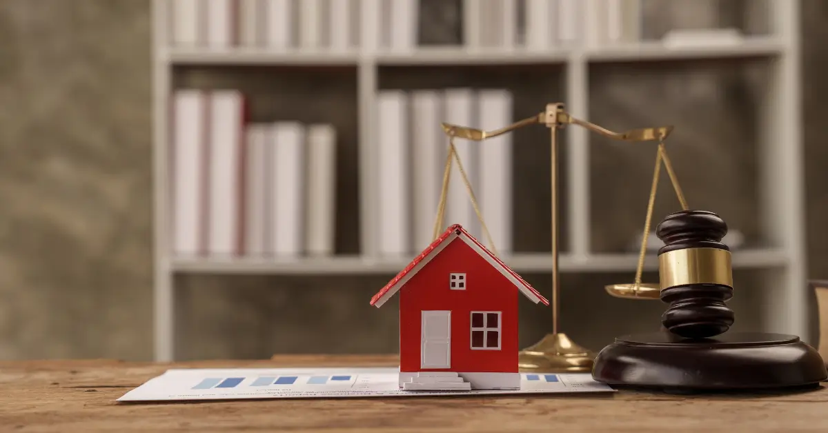 A small red house model placed on financial documents, with a judge’s gavel and scales of justice in the background, symbolizing real estate law or estate planning. A small red house model placed on financial documents, with a judge’s gavel and scales of justice in the background, symbolizing real estate law or estate planning.