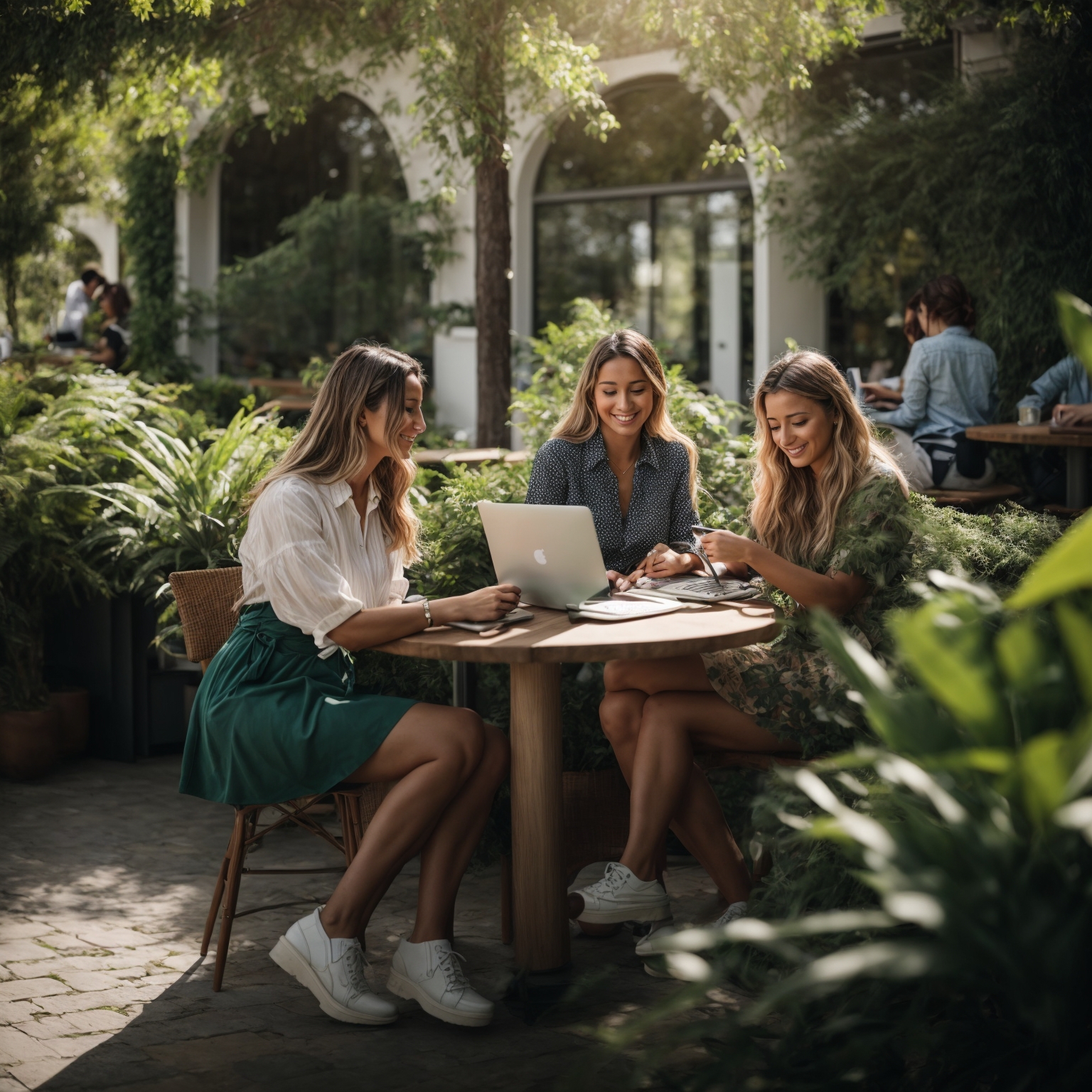 Women at a cafe working outdoors on laptops