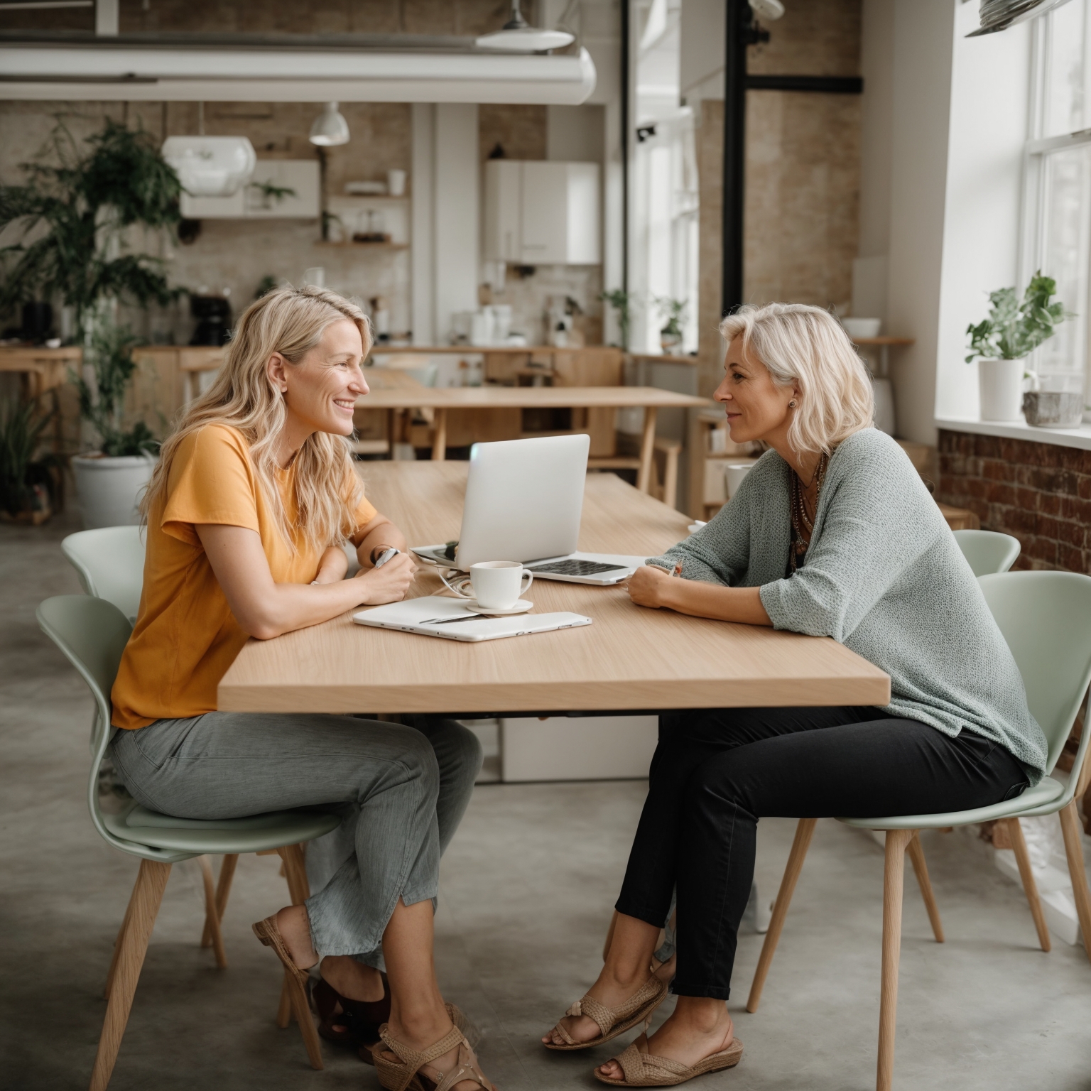 Two women sitting at a desk collaborating over coffee and their laptopt