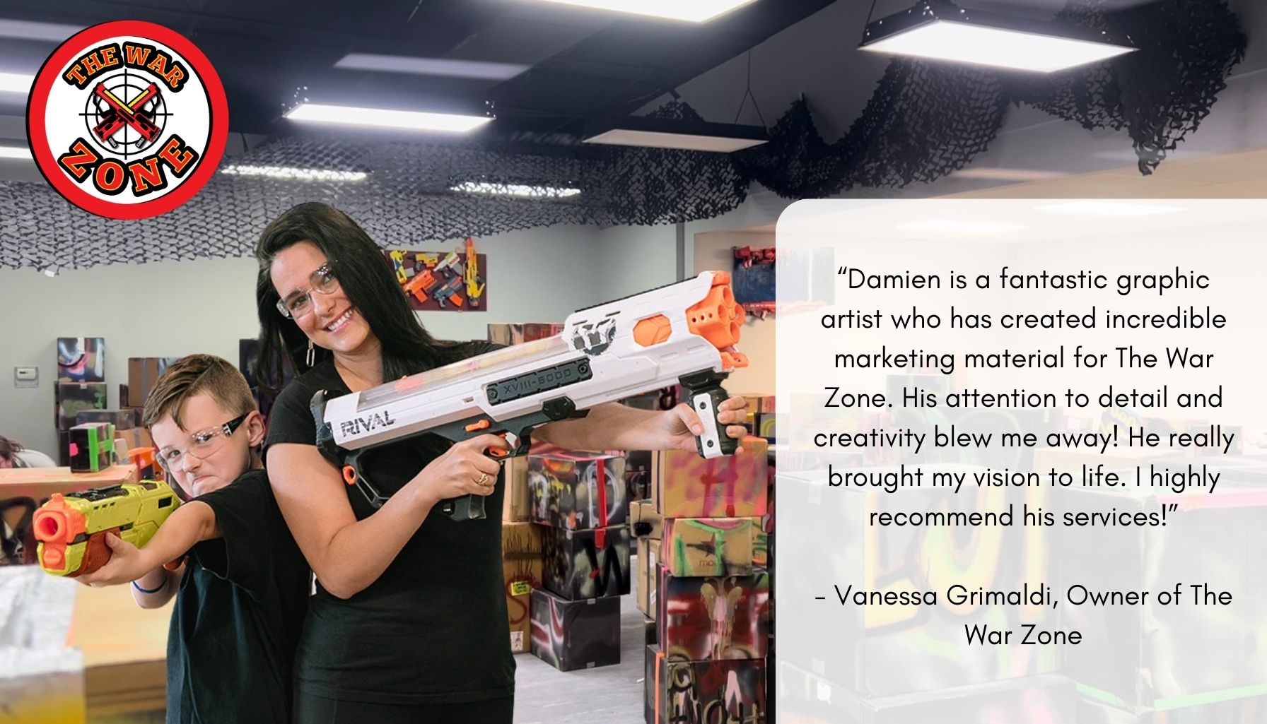 Owner of the War Zone, Vanessa with her "second in command", with a testimonial. Owner of the War Zone, Vanessa with her "second in command", with a testimonial.