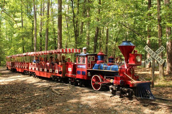 Miniature red train in a lush forest, passing a quaint railroad crossing sign.