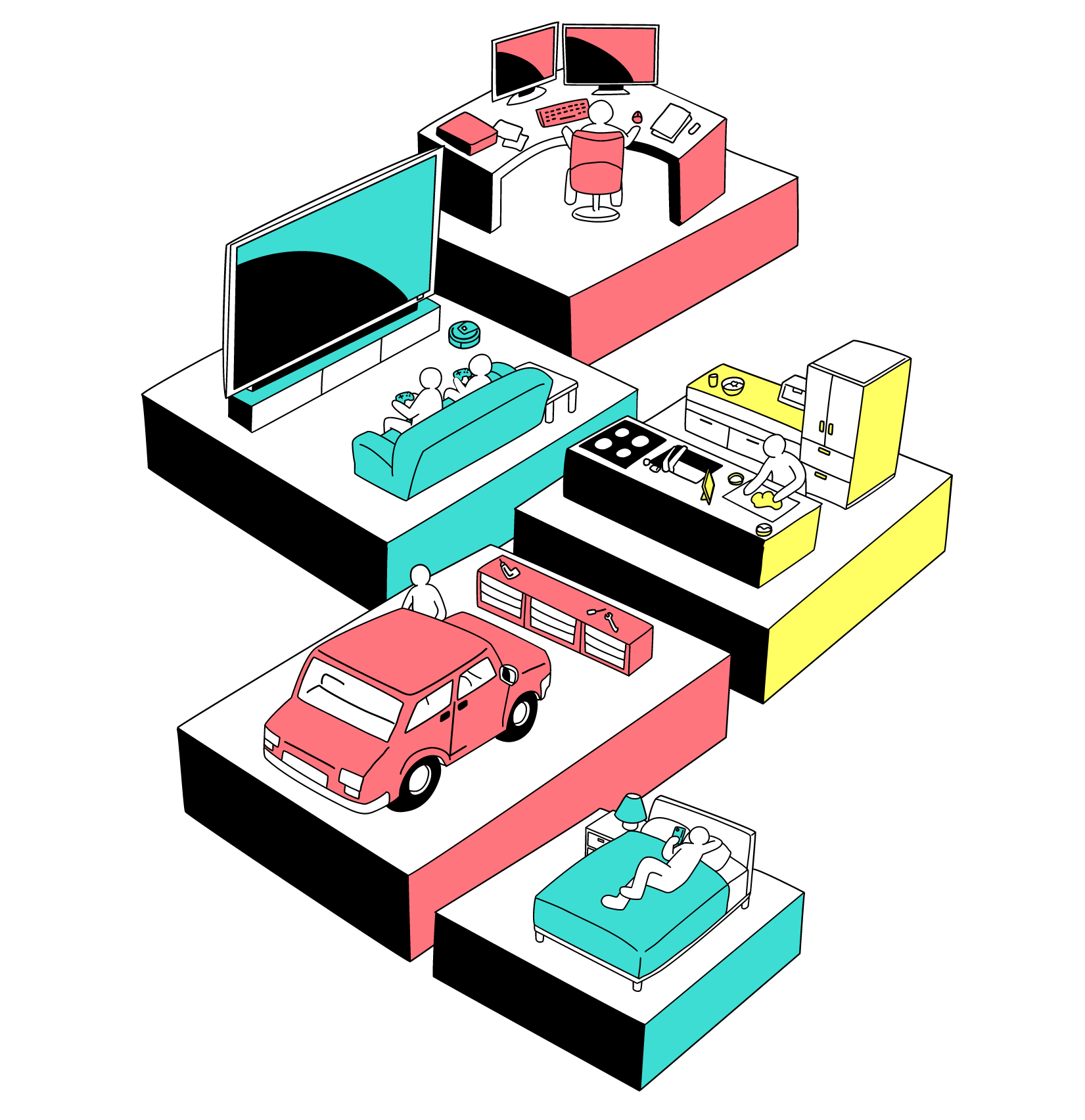 Illustration of different family members using tech in their daily life: people playing video games, person working on computer with multiple screens, family watching TV, person cooking in tech enabled kitchen, person working on a car in garage, person in bed on a smartphone.