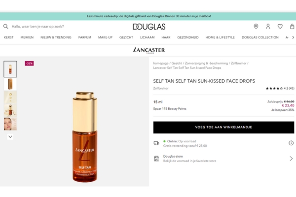 Een screenshot van de website van Douglas waarin twee voorbeelden van sterke marketing en kleuren te zien zijn. Een screenshot van de website van Douglas waarin twee voorbeelden van sterke marketing en kleuren te zien zijn.