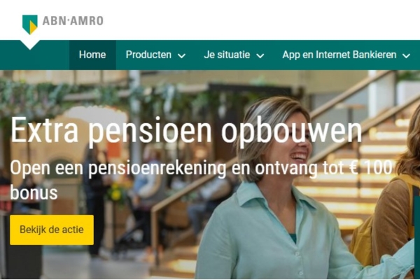 Een screenshot van de homepage van ABN Amro waarin een gele CTA button als marketing voorbeeld getoond wordt. Een screenshot van de homepage van ABN Amro waarin een gele CTA button als marketing voorbeeld getoond wordt.