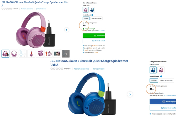 Screenshot van 2 koptelefoons waarvan de roze duurder is dan de technisch identieke blauwe versie Screenshot van 2 koptelefoons waarvan de roze duurder is dan de technisch identieke blauwe versie