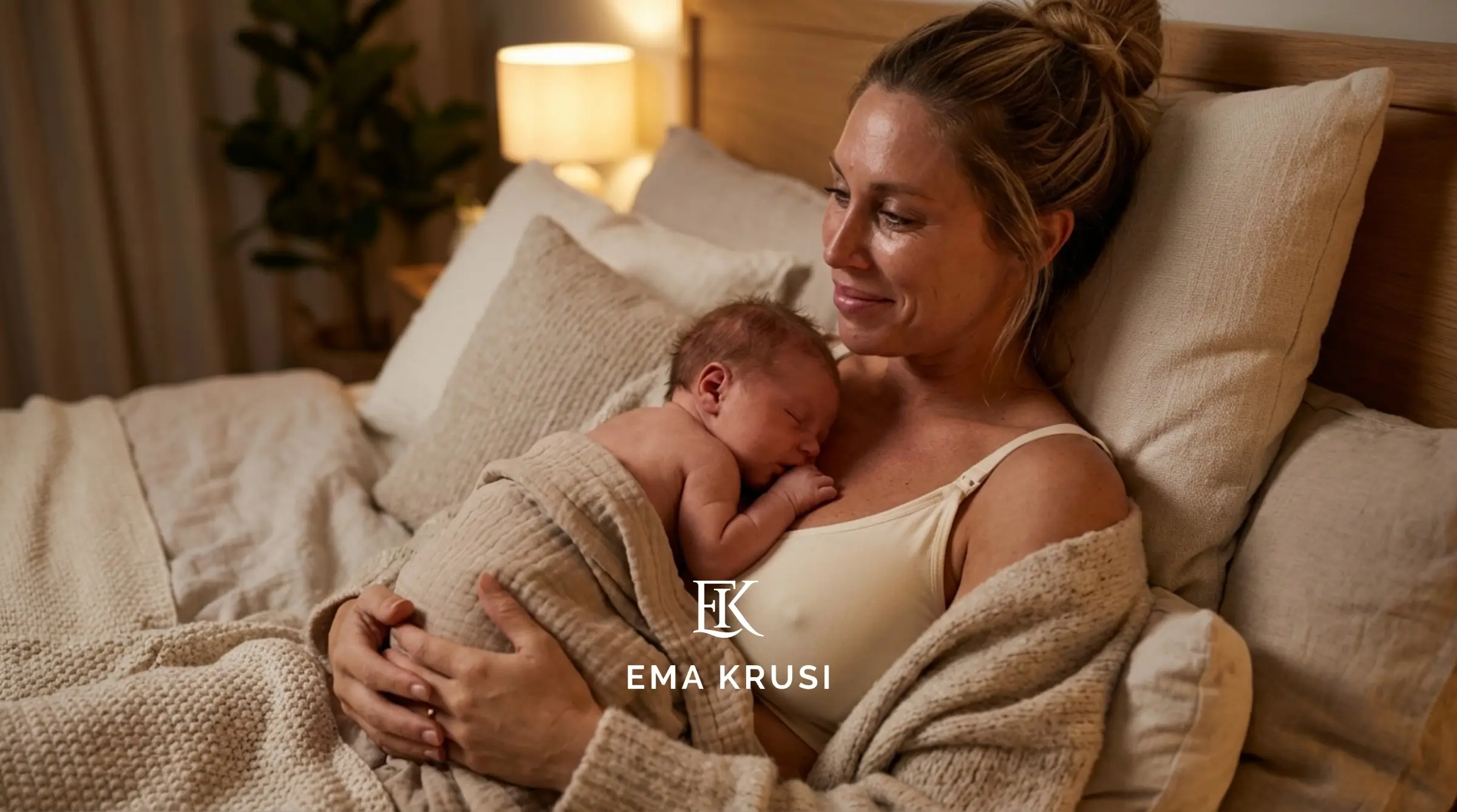 Femme dans un lit avec un bébé sur elle