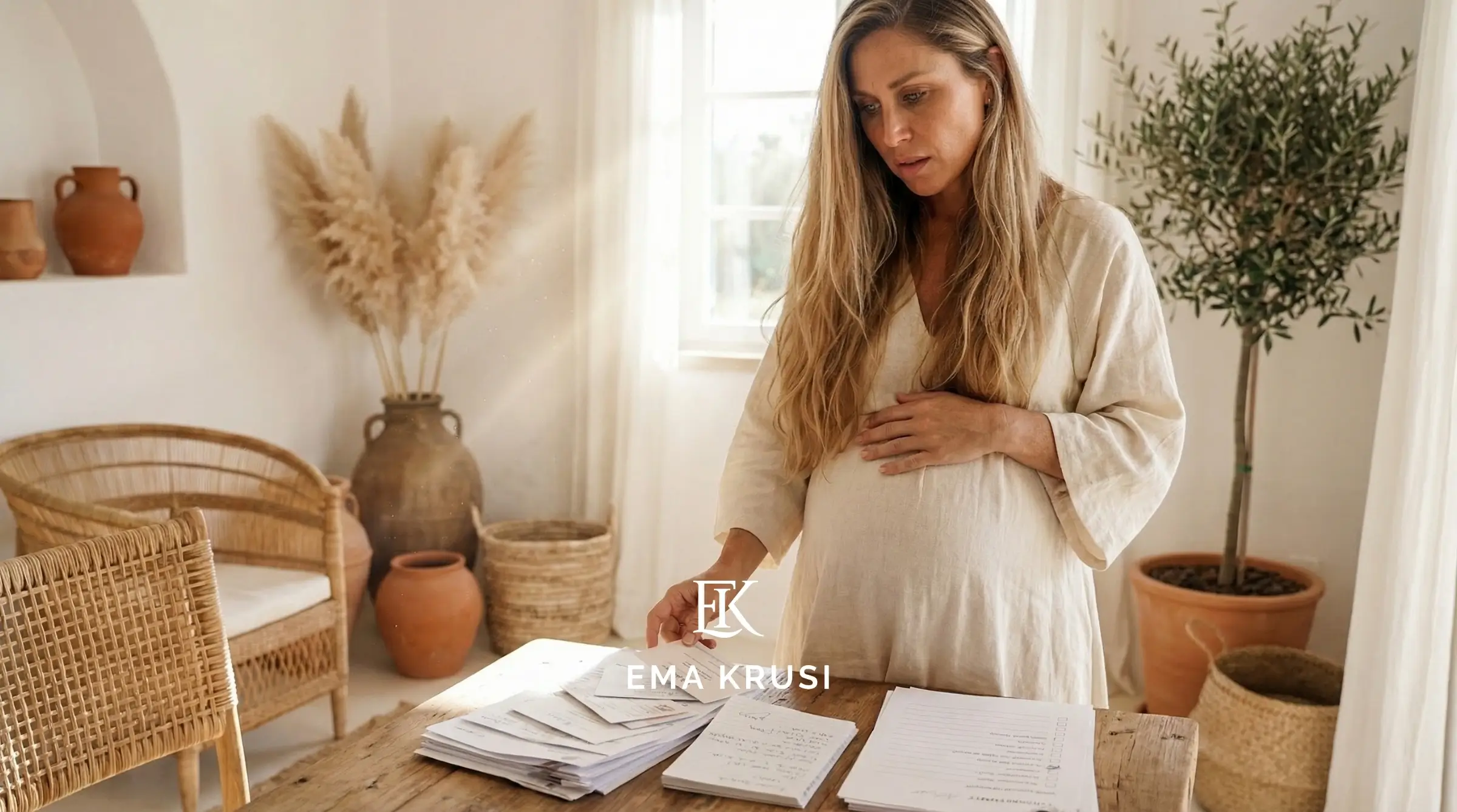 Femme debout enceinte qui regarde des papiers sur une table Femme debout enceinte qui regarde des papiers sur une table