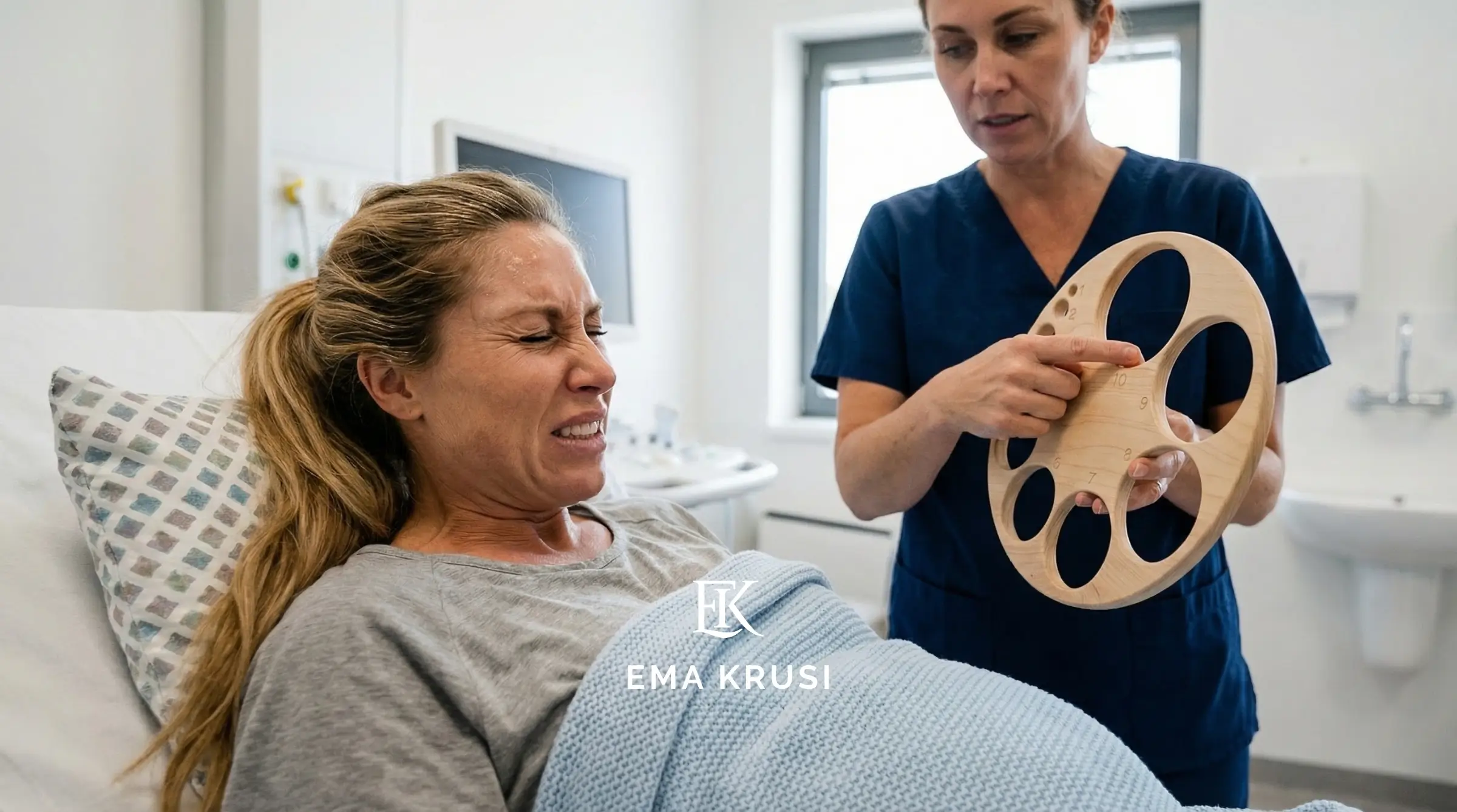 Femme en travail sur un lit d’hôpital, contraction visible, sage-femme en tenue médicale montrant un outil en bois pour expliquer la dilatation pendant l’accouchement. Femme en travail sur un lit d’hôpital, contraction visible, sage-femme en tenue médicale montrant un outil en bois pour expliquer la dilatation pendant l’accouchement.
