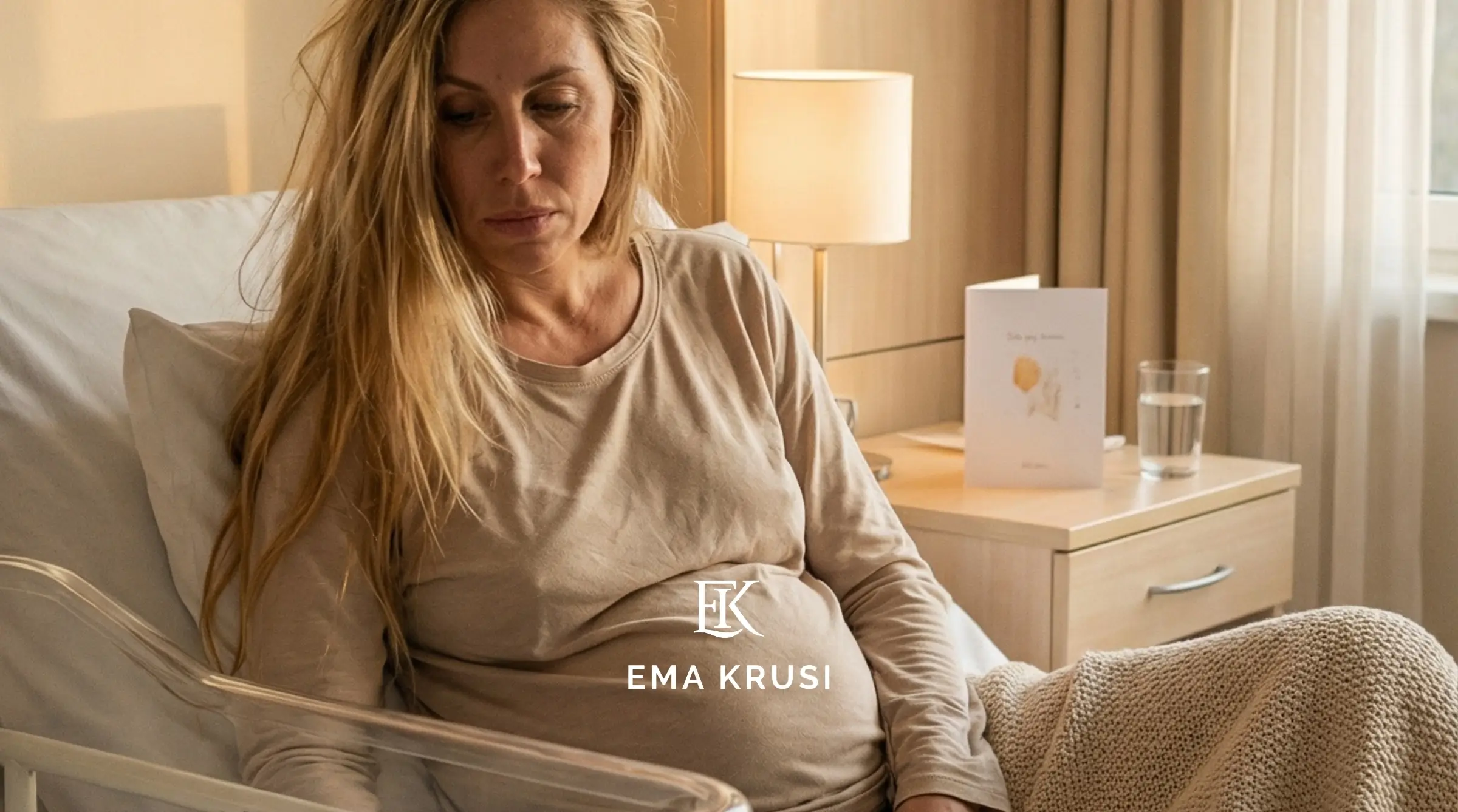 Femme qui vient d'accoucher qui regarde le lit de son bébé l'air triste