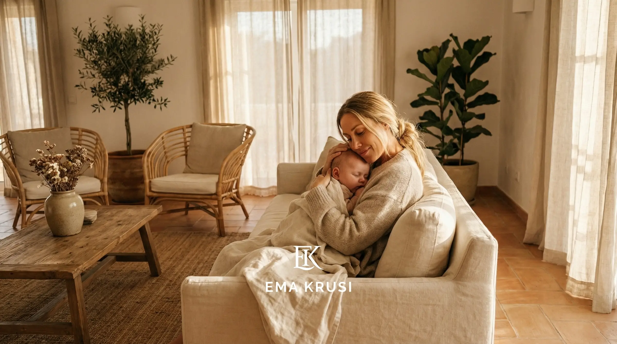 Femme assise qui tient son bébé contre elle