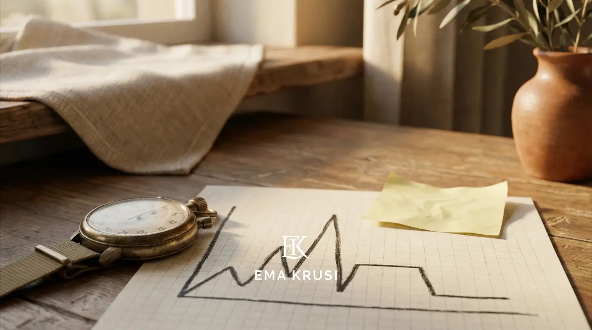 Chronomètre sur un bureau en bois, à côté d’une feuille avec un graphique en zigzag et un post-it, éclairés par une lumière chaude.