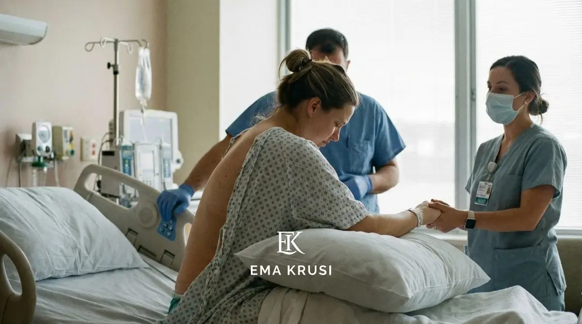 Femme en travail assise sur un lit d’hôpital, tenant la main d’une soignante dans une chambre de maternité.