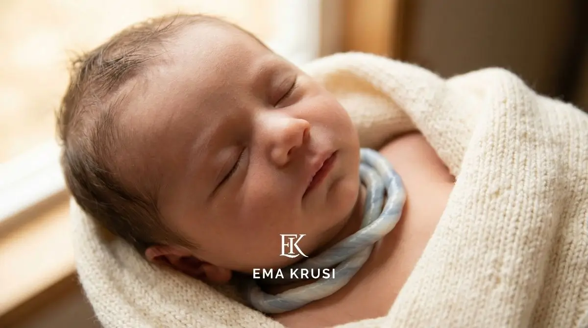 Gros plan d’un nouveau-né endormi emmailloté dans une couverture beige, en lumière douce.