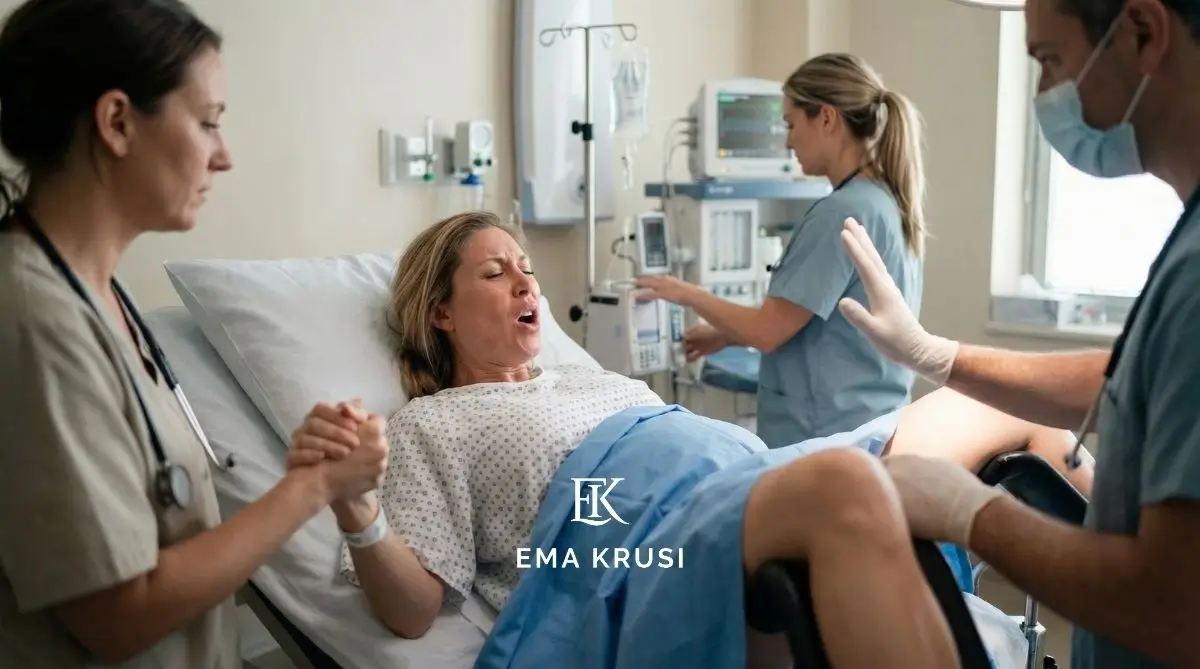 Femme en travail allongée sur un lit d’hôpital, accompagnée par des soignants pendant l’accouchement.