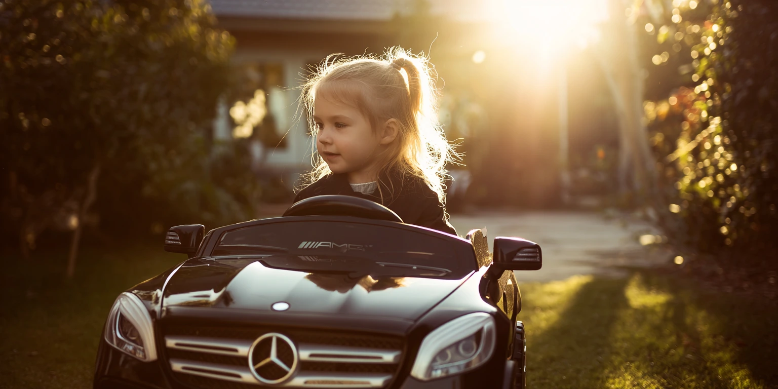 Child driving ride-on car in the sun