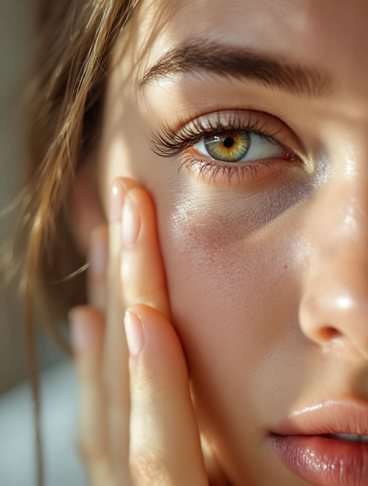 Close-up of a woman's face with green eyes and natural makeup.