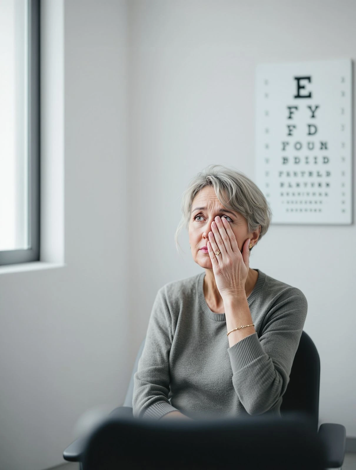 A lady rubbing her eyes.
