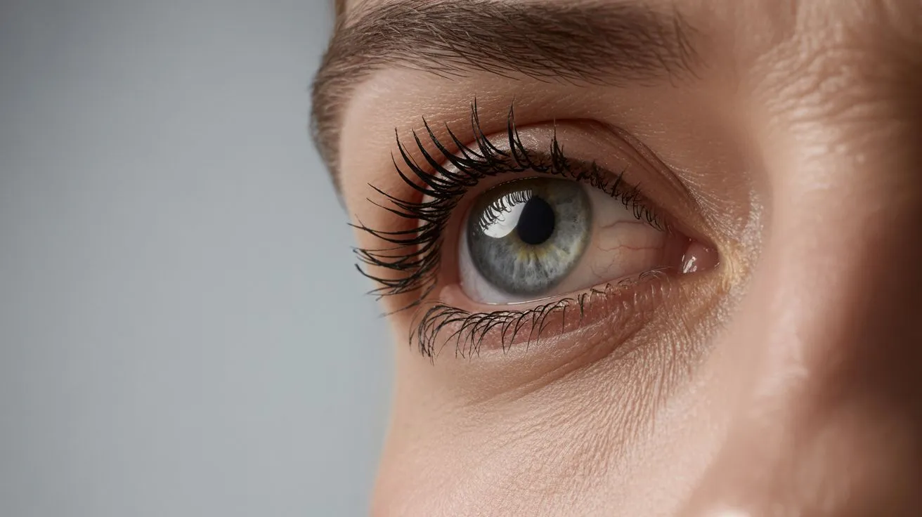 Close-up of a blue eye with long eyelashes.