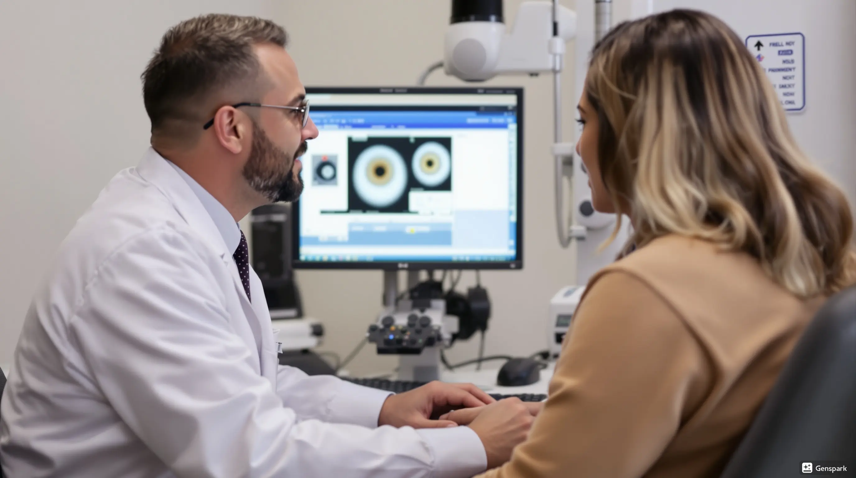 Documentary photograph of optometrist reviewing digital retinal scan results with patient in authentic medical office 
