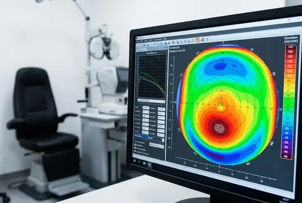 Corneal topography map showing keratoconus irregular astigmatism for scleral lens fitting in San Francisco Corneal topography map showing keratoconus irregular astigmatism for scleral lens fitting in San Francisco