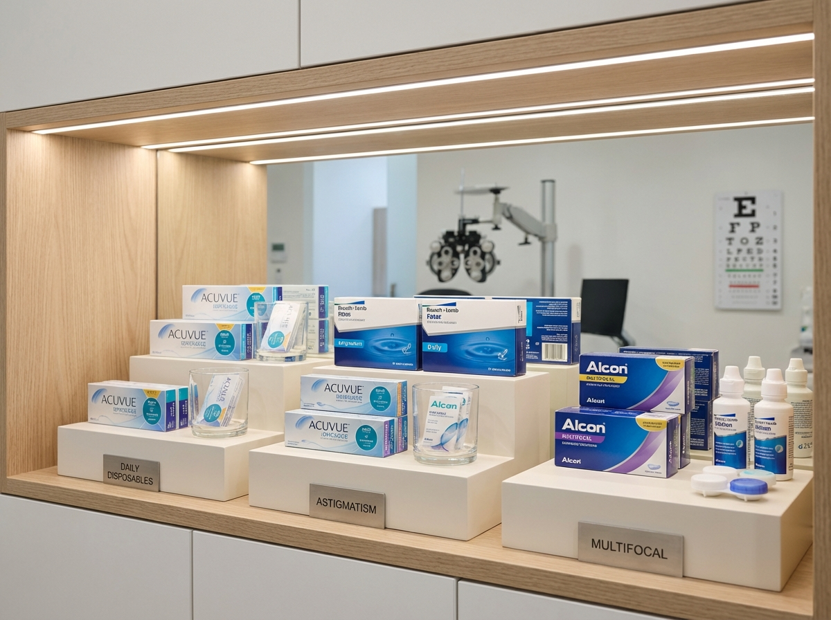 Various contact lens types displayed including daily disposable toric multifocal and specialty lenses at Eyes in Disguise