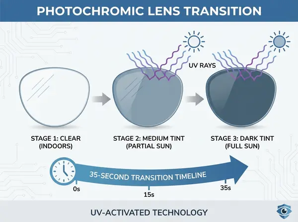 Photochromic lens technology diagram showing clear to dark transition in 35 seconds with UV response