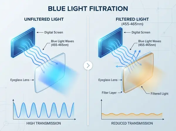 Illustration of blue light wavelengths being filtered by modern eyeglass lenses for digital eye strain protection