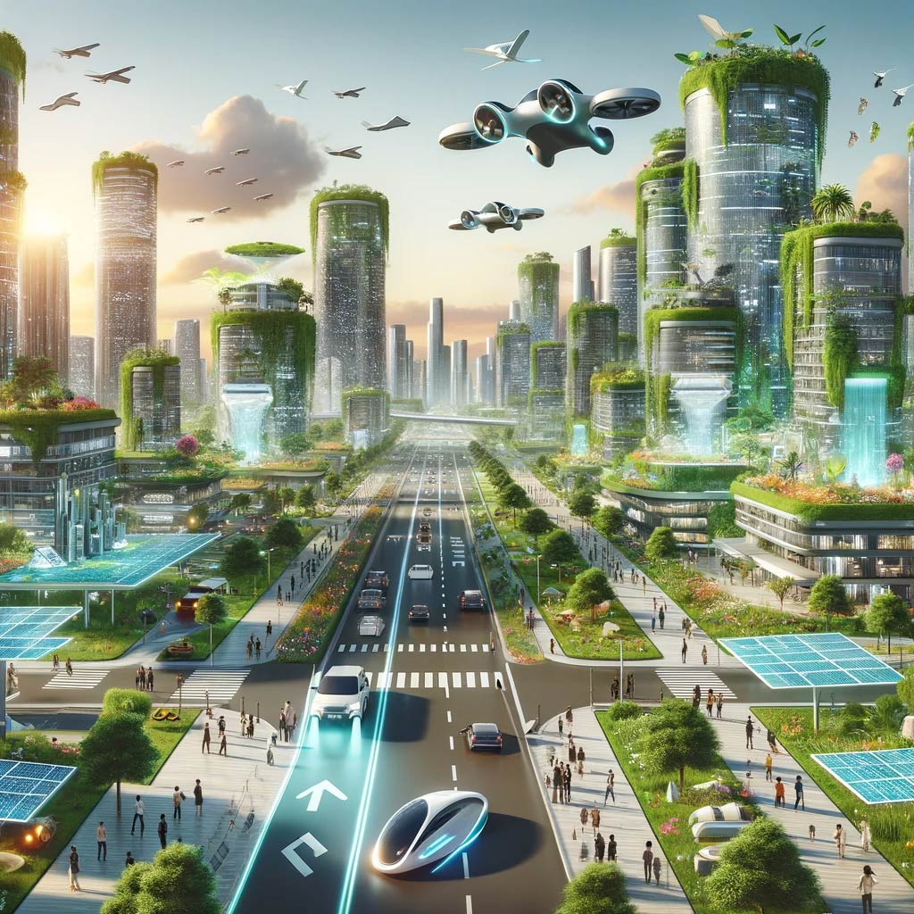  A futuristic cityscape illustrating advanced technology and eco-friendly transportation solutions, featuring flying cars, solar-powered buildings, and integrated lush green spaces, with people harmoniously interacting with technology amidst an optimistic urban environment.