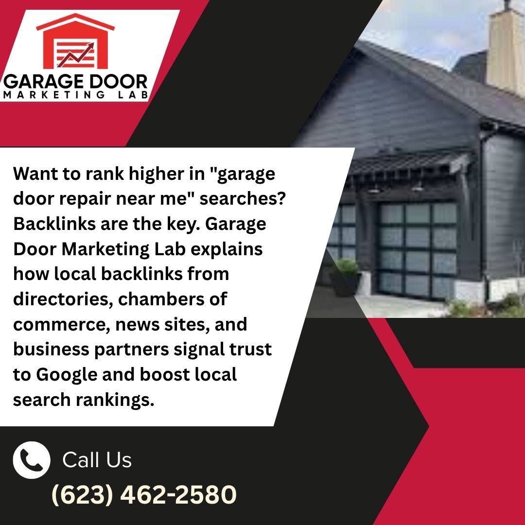 Modern black garage door next to the Garage Door Marketing Lab logo. 