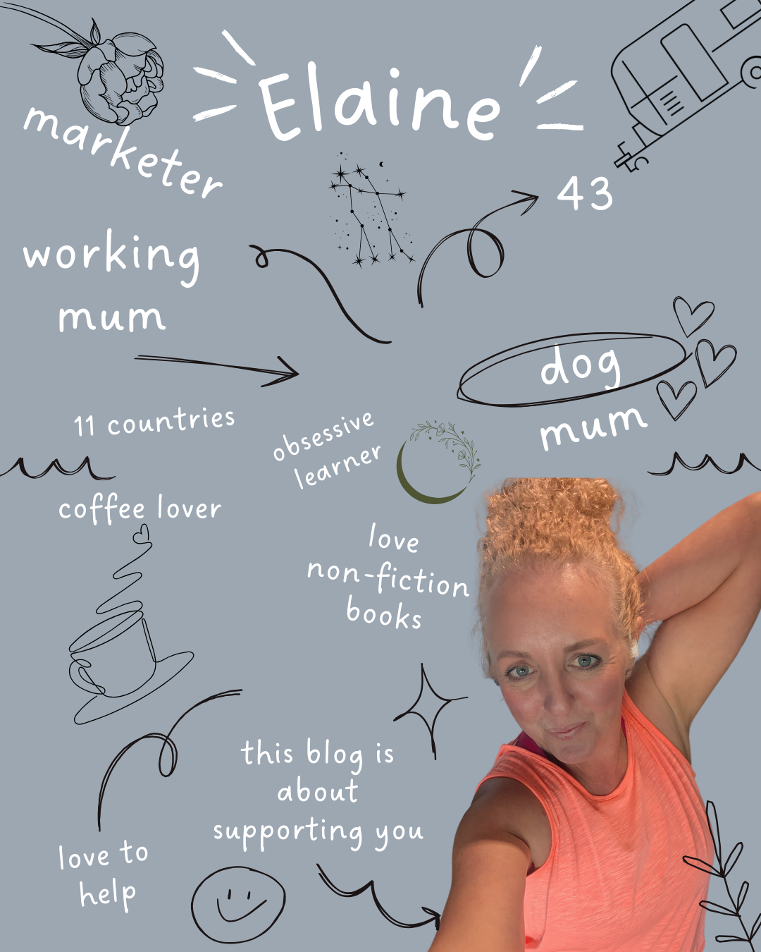 woman in sports clothes, with one hand on head with words written around the outside describing what she likes woman in sports clothes, with one hand on head with words written around the outside describing what she likes