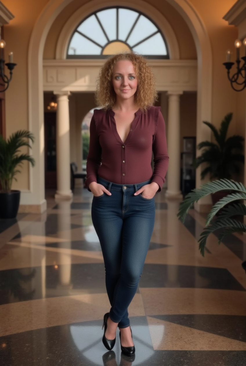 woman in the hallway lobby of a luxury hotel, she wears casual burgundy top with jeans and heels woman in the hallway lobby of a luxury hotel, she wears casual burgundy top with jeans and heels