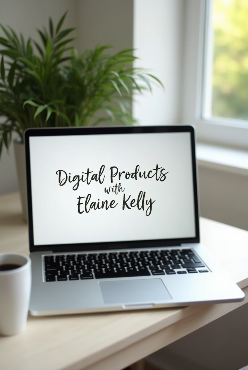 image of a laptop on a desk, the laptop open screen says digital products with elaine kellt image of a laptop on a desk, the laptop open screen says digital products with elaine kellt