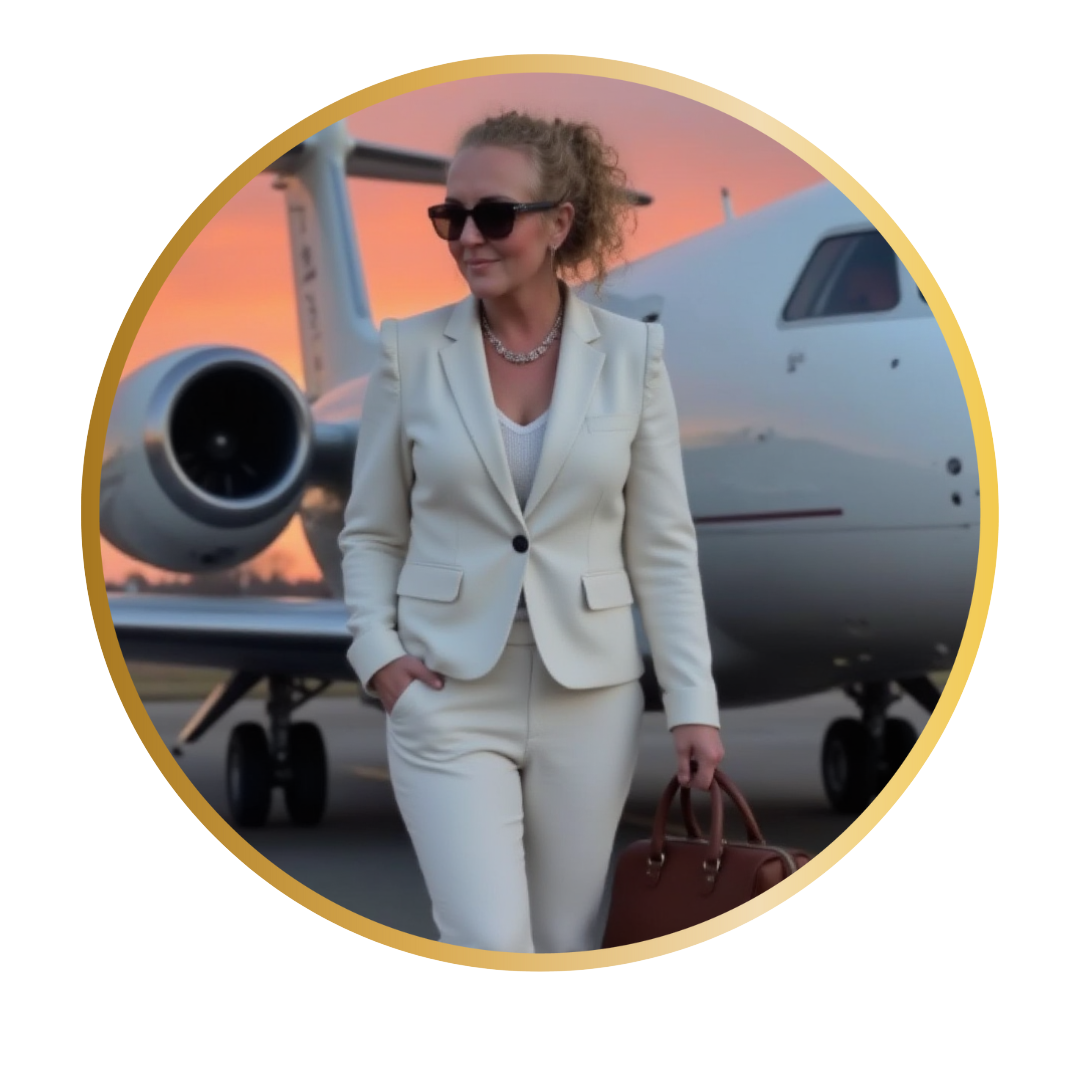 woman in cream suit and walking away from a private jet at sunset woman in cream suit and walking away from a private jet at sunset