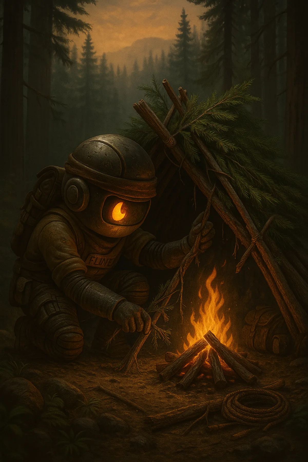 Flint tending a fire beside a lean-to shelter
