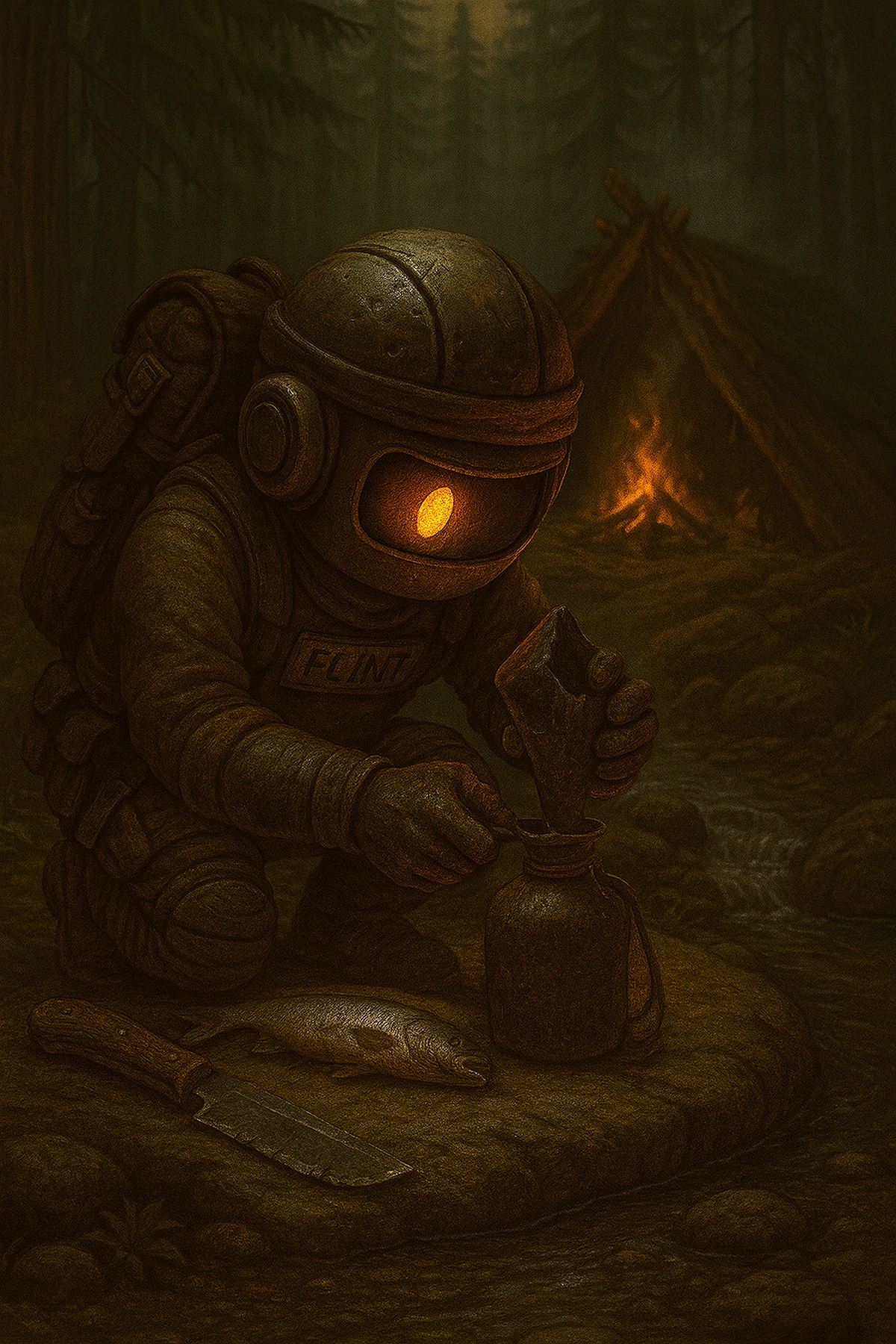 Flint filtering water while kneeling next to a fish he caught