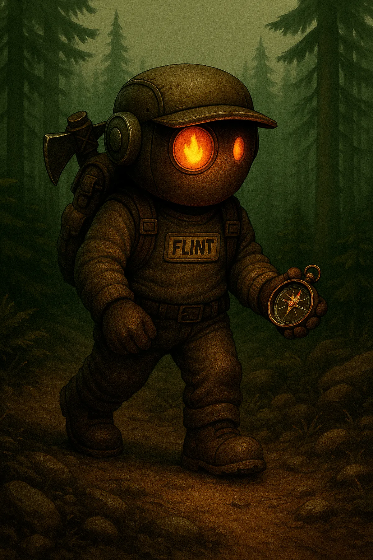 Flint walking through forest with a compass