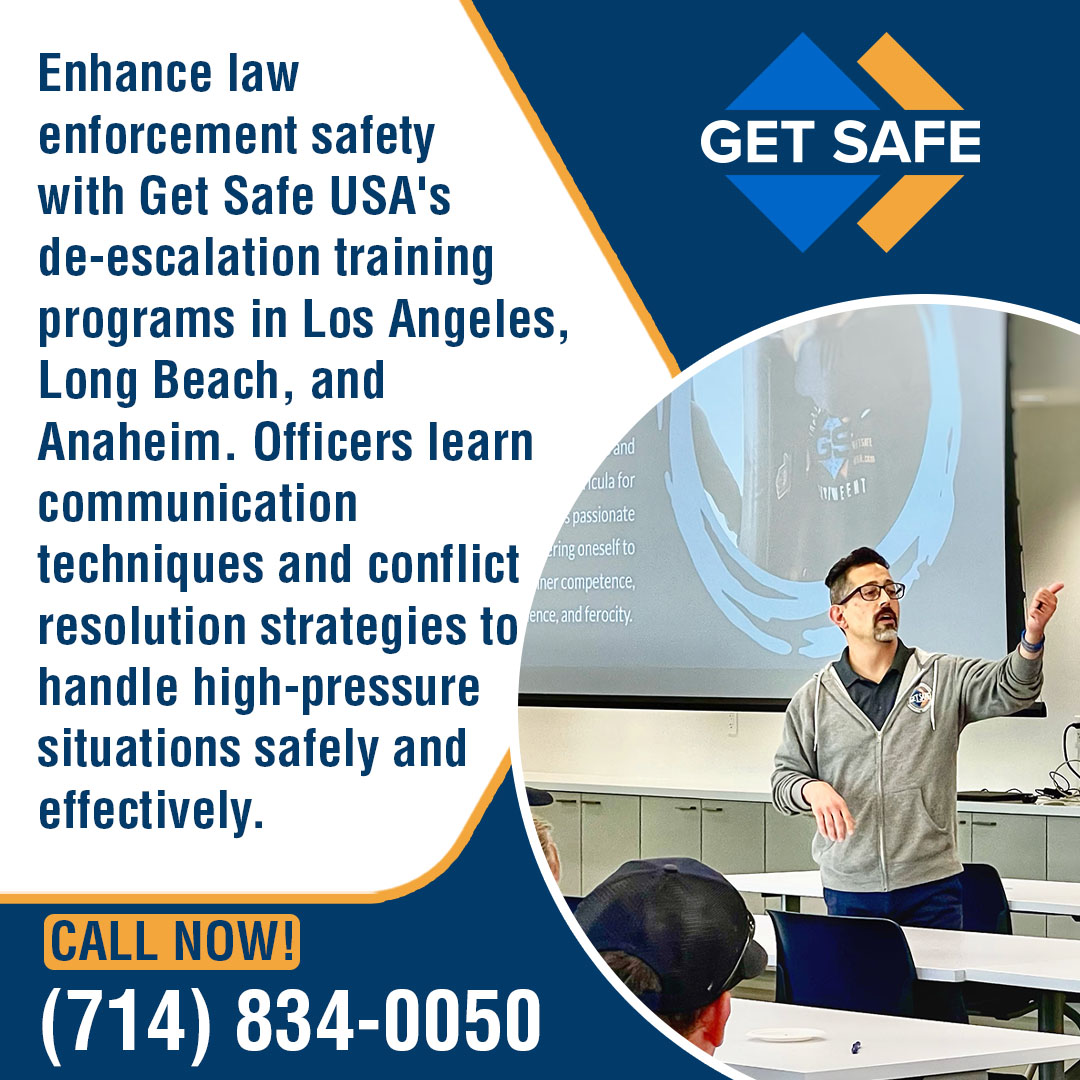 Promotional image for Get Safe USA showing a male instructor presenting de-escalation techniques to a class. Promotional image for Get Safe USA showing a male instructor presenting de-escalation techniques to a class.