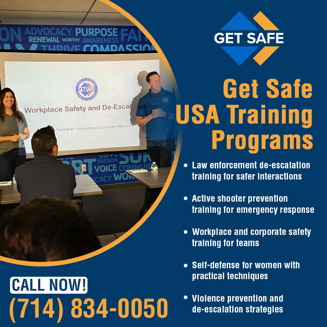 Promotional image for Get Safe USA showing two trainers in action and listing their training programs. Promotional image for Get Safe USA showing two trainers in action and listing their training programs.