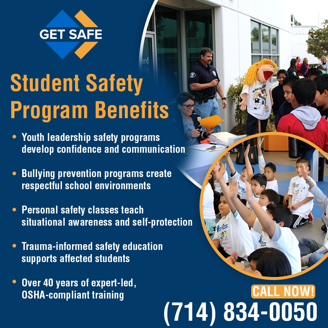 Promotional images for Get Safe USA's student safety programs. The images show instructors, children, and a puppet, and list benefits like youth leadership, bullying prevention, personal safety classes, and trauma-informed education. Promotional images for Get Safe USA's student safety programs. The images show instructors, children, and a puppet, and list benefits like youth leadership, bullying prevention, personal safety classes, and trauma-informed education.