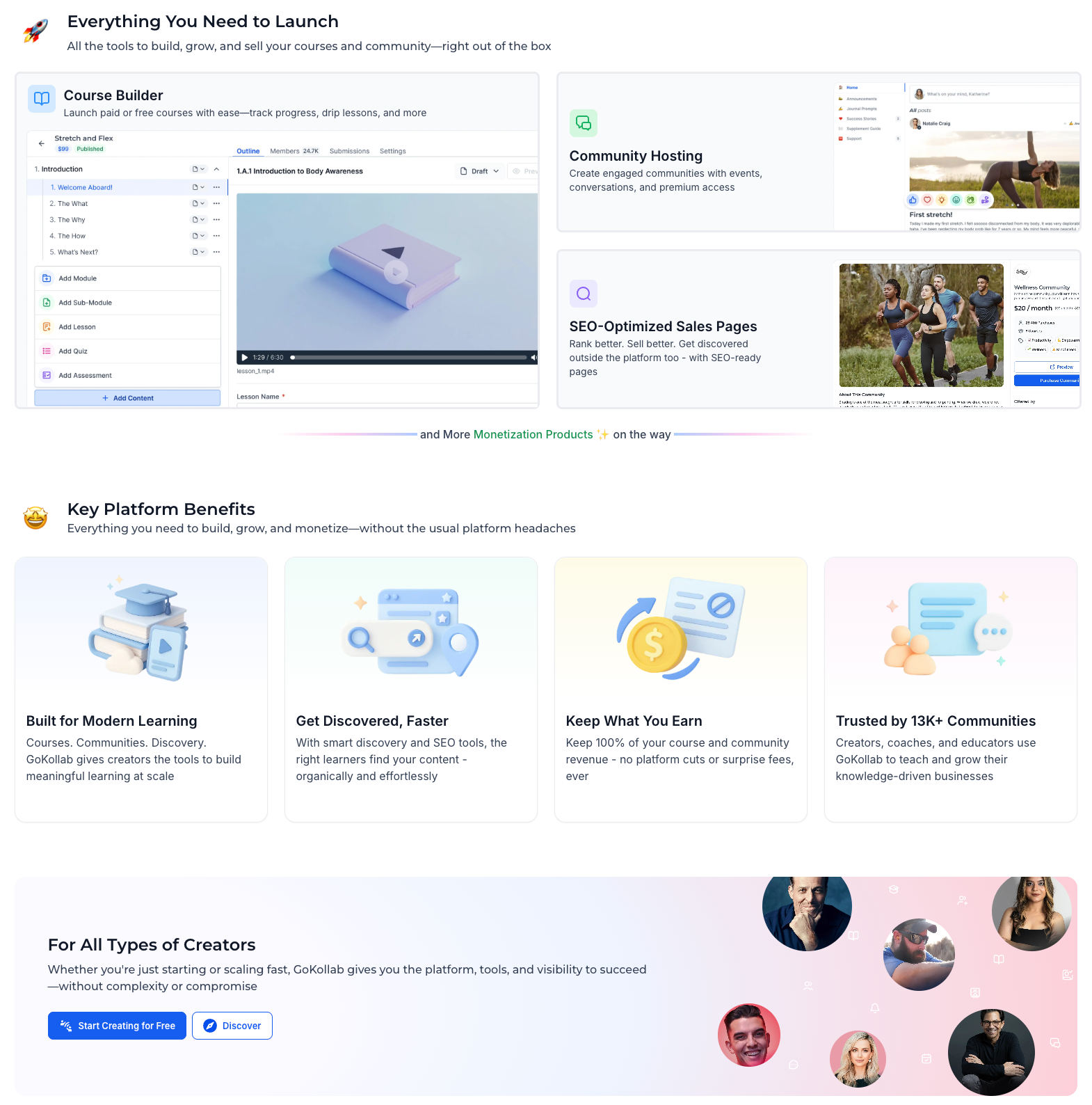 GoKollab platform showcasing community hosting, SEO pages, and discoverability benefits. GoKollab platform showcasing community hosting, SEO pages, and discoverability benefits.