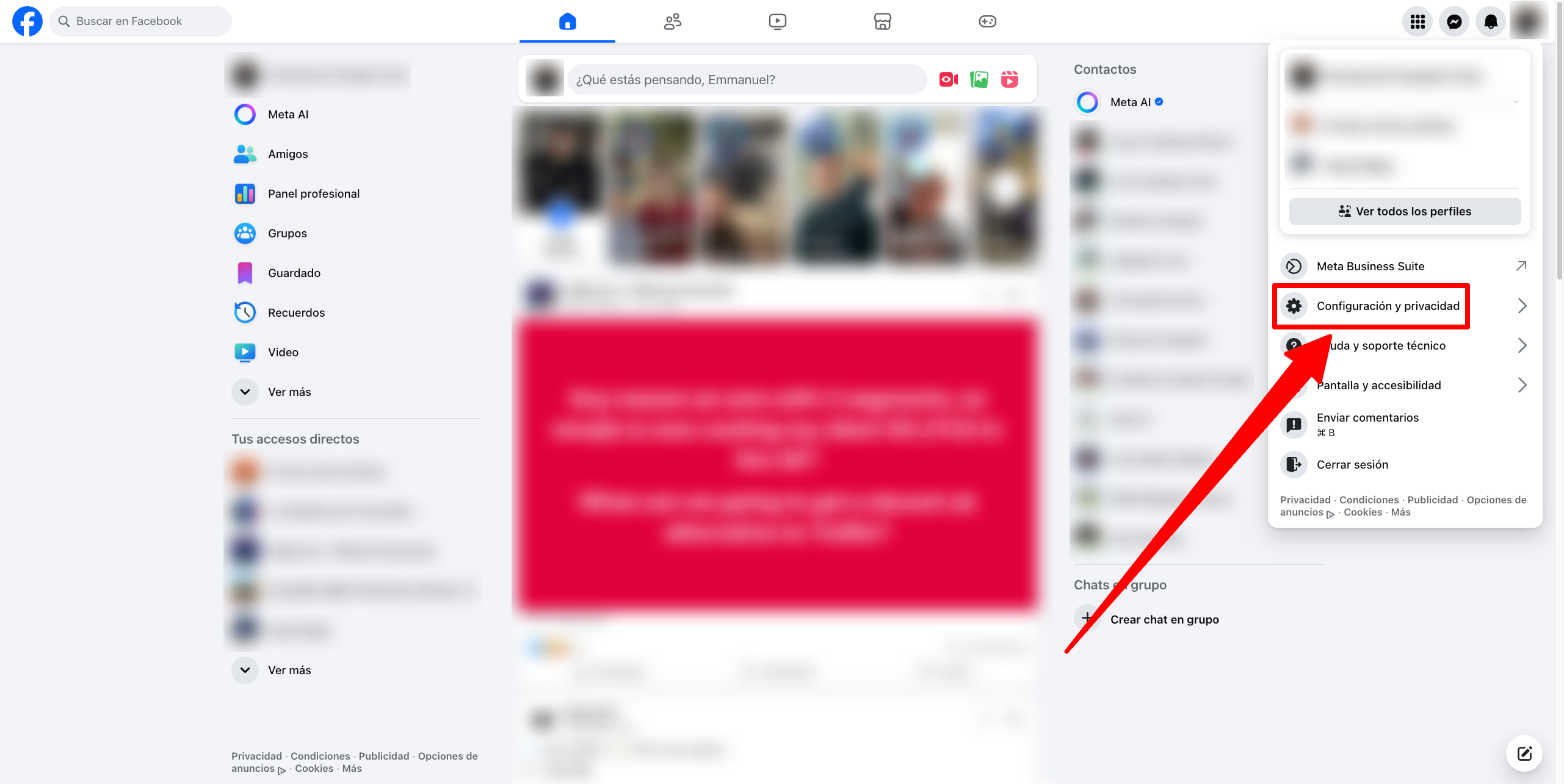 Menú principal de Facebook mostrando la opción “Configuración y privacidad” para administrar los ajustes de la cuenta de Meta.