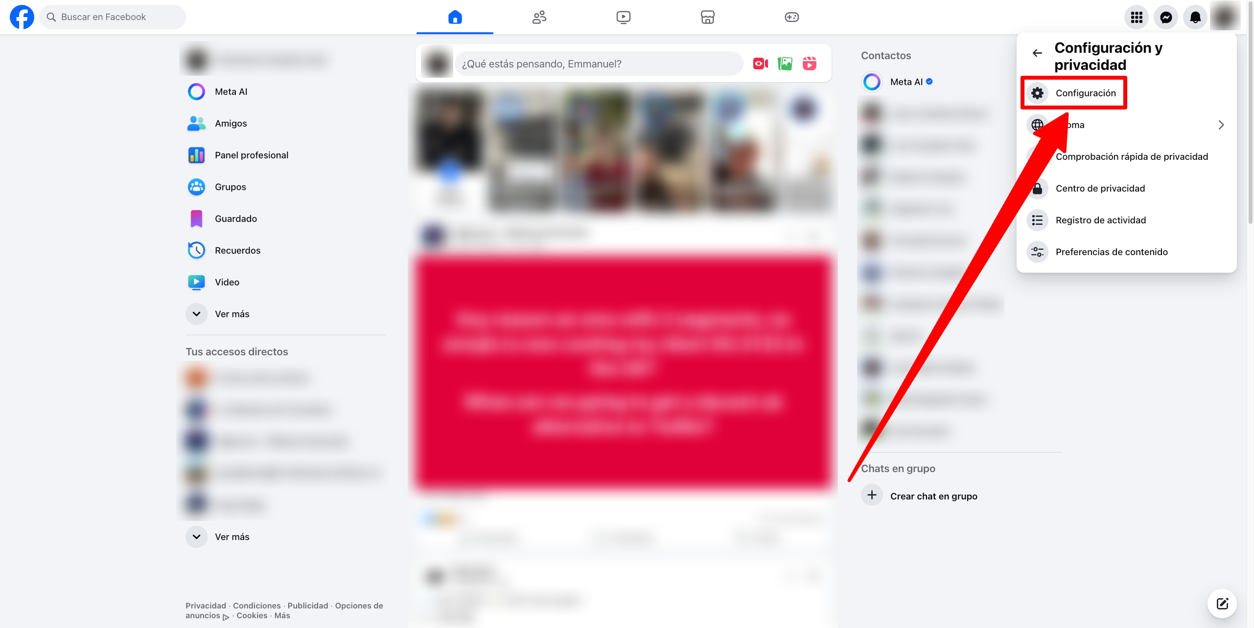 Pantalla de Facebook donde se selecciona la opción “Configuración” dentro del menú de configuración y privacidad de Meta.