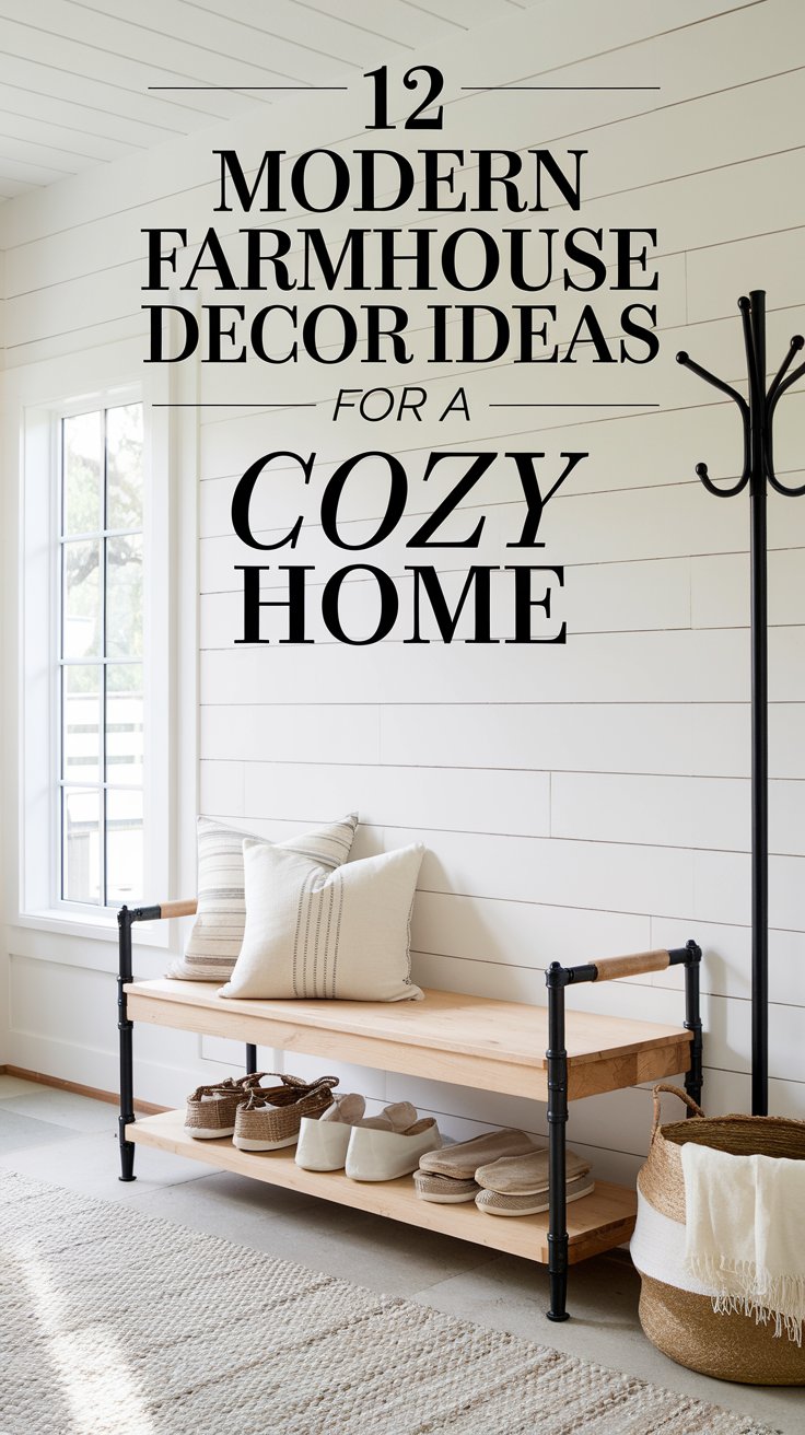 A modern farmhouse entryway with a wooden bench adorned with neutral throw pillows, a black metal coat rack, and a woven basket filled with blankets. Behind the bench, a shiplap wall painted in soft white is accented by a minimalist framed sign with a cozy saying. Natural light streams in from a nearby window, creating a welcoming and airy atmosphere. A modern farmhouse entryway with a wooden bench adorned with neutral throw pillows, a black metal coat rack, and a woven basket filled with blankets. Behind the bench, a shiplap wall painted in soft white is accented by a minimalist framed sign with a cozy saying. Natural light streams in from a nearby window, creating a welcoming and airy atmosphere.