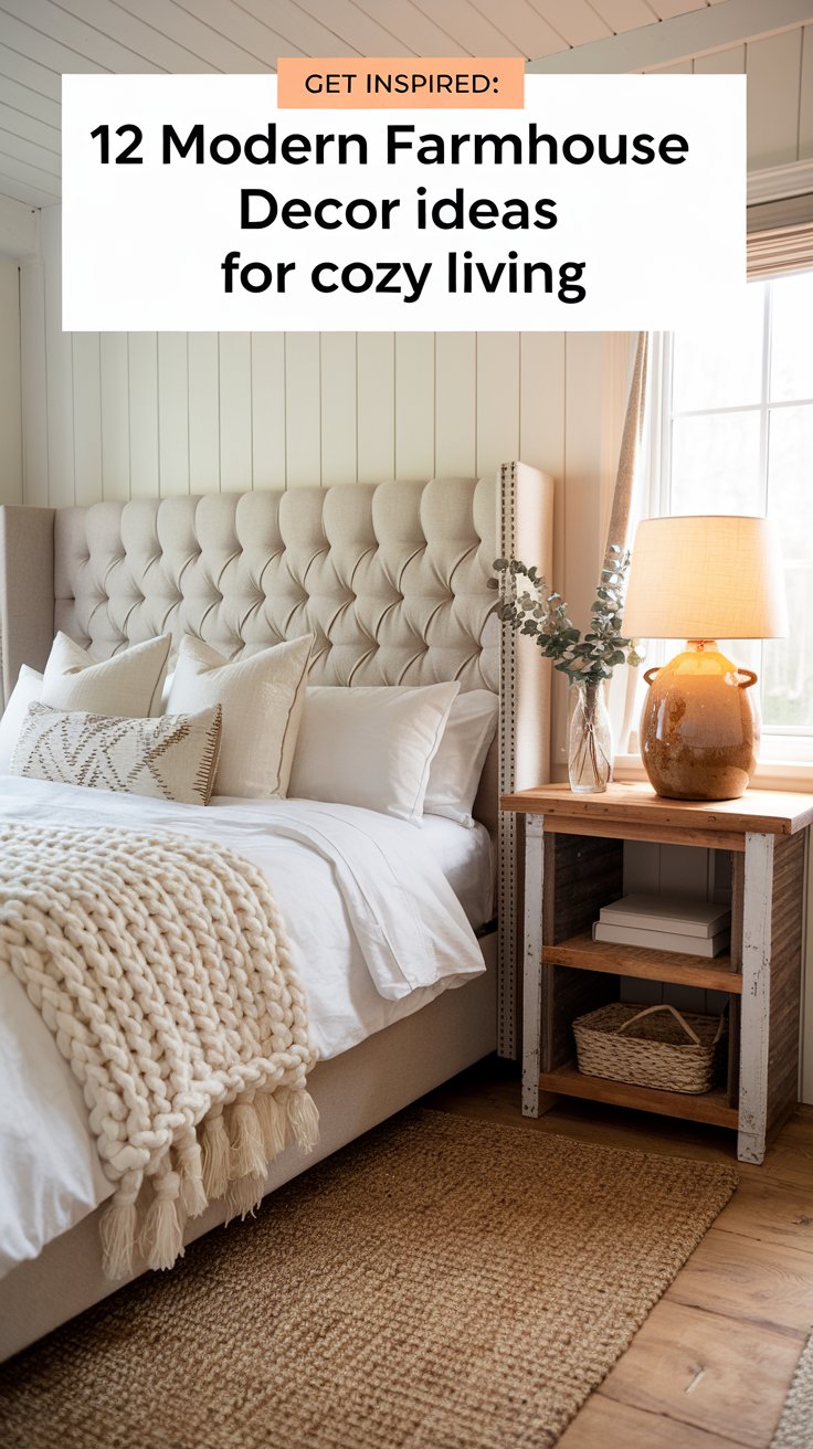 A cozy modern farmhouse bedroom with a tufted neutral headboard, white bedding layered with a chunky knit throw blanket and textured pillows. A reclaimed wood nightstand holds a ceramic lamp with a warm glow, and a small vase filled with eucalyptus stems adds a simple decorative touch. A woven rug lies underfoot, and the room is bathed in soft natural light from a nearby window. A cozy modern farmhouse bedroom with a tufted neutral headboard, white bedding layered with a chunky knit throw blanket and textured pillows. A reclaimed wood nightstand holds a ceramic lamp with a warm glow, and a small vase filled with eucalyptus stems adds a simple decorative touch. A woven rug lies underfoot, and the room is bathed in soft natural light from a nearby window.
